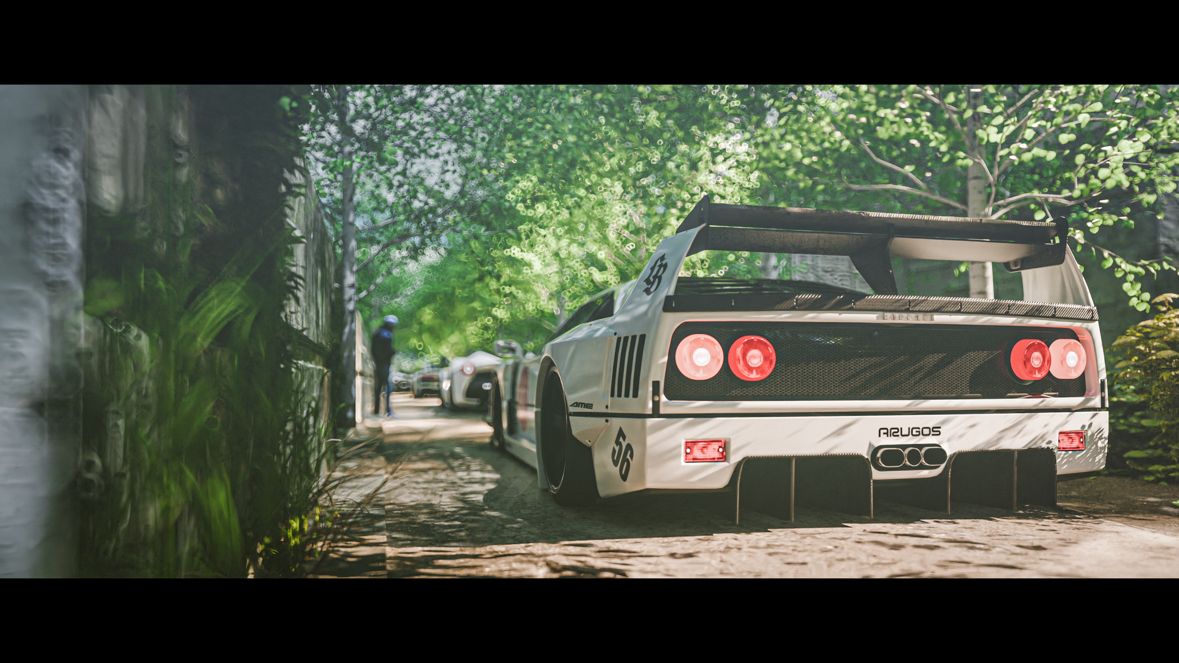 White sports car on a forest road