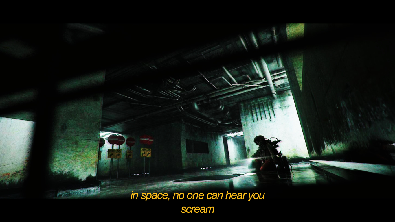 A sci-fi scene in a dark underpass